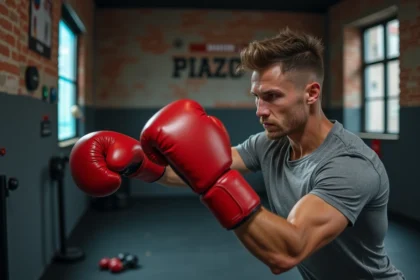 Homme en gants de boxe frappant une machine à boxe musicale dans une salle de sport moderne