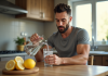Homme en cuisine versant de l'eau fraîche dans un verre
