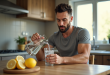 Homme en cuisine versant de l'eau fraîche dans un verre