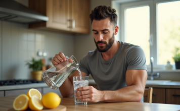 Homme en cuisine versant de l'eau fraîche dans un verre