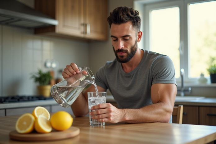 Homme en cuisine versant de l'eau fraîche dans un verre
