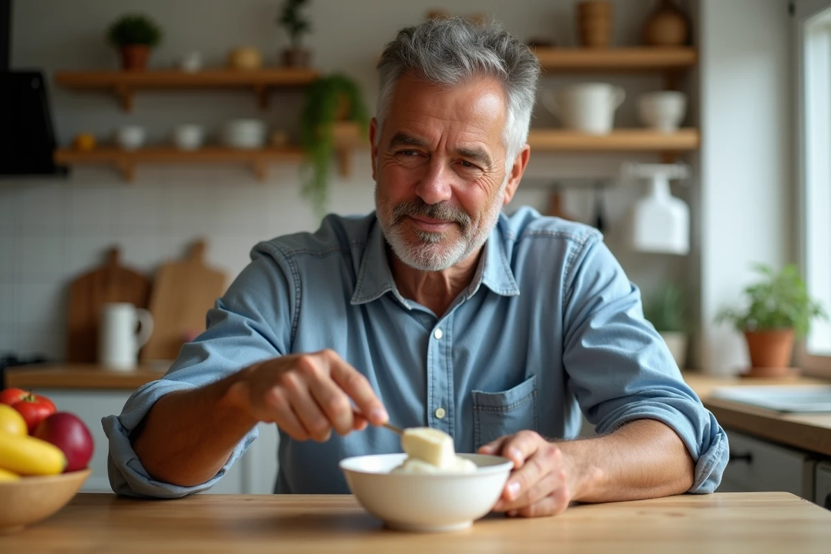 Homme d age préparant une banane dans une cuisine moderne