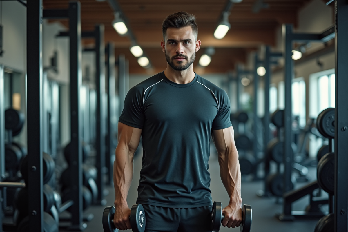 Jeune homme soulevant des haltères dans une salle de sport