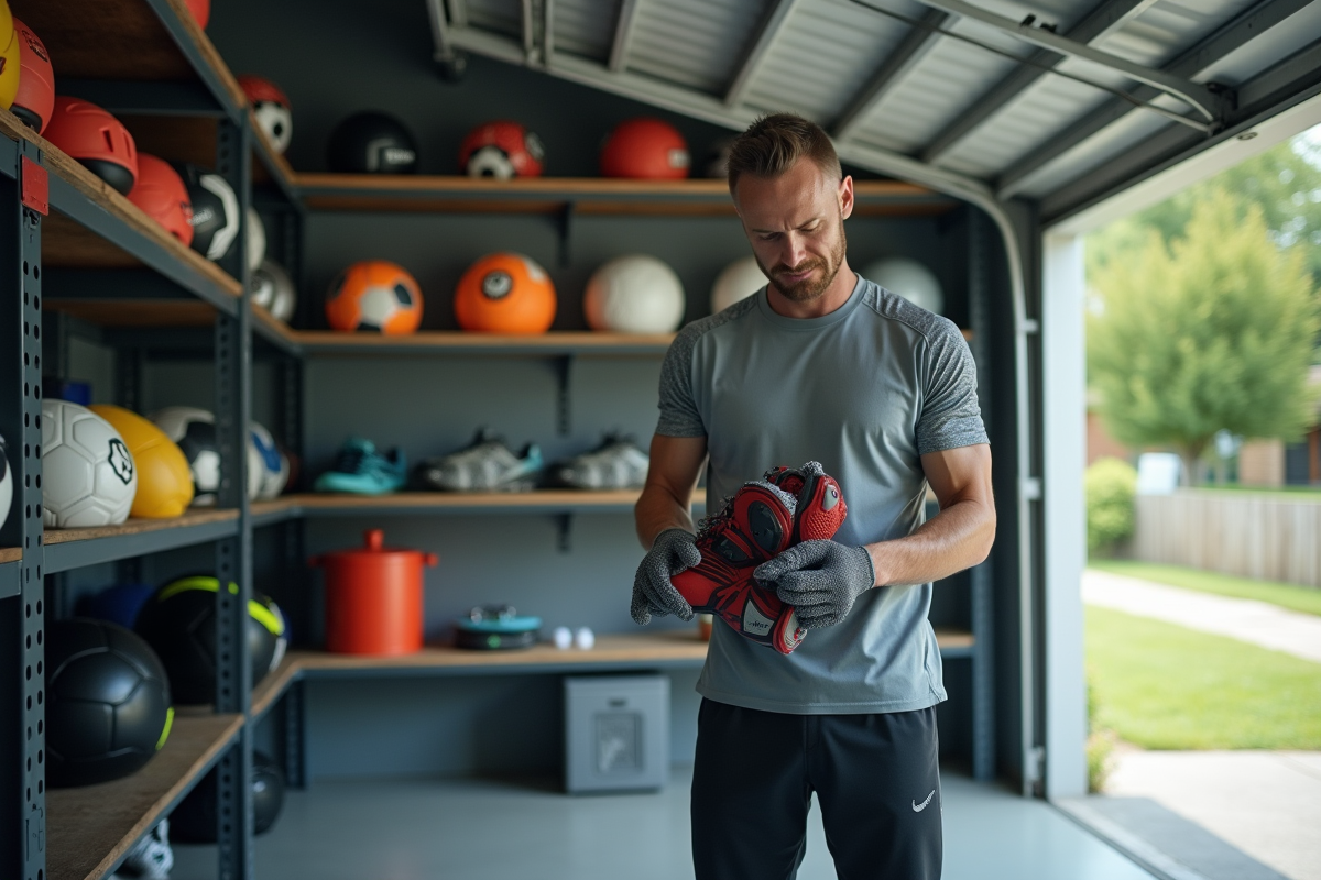 Homme nettoyant ses équipements de sport dans un garage organisé