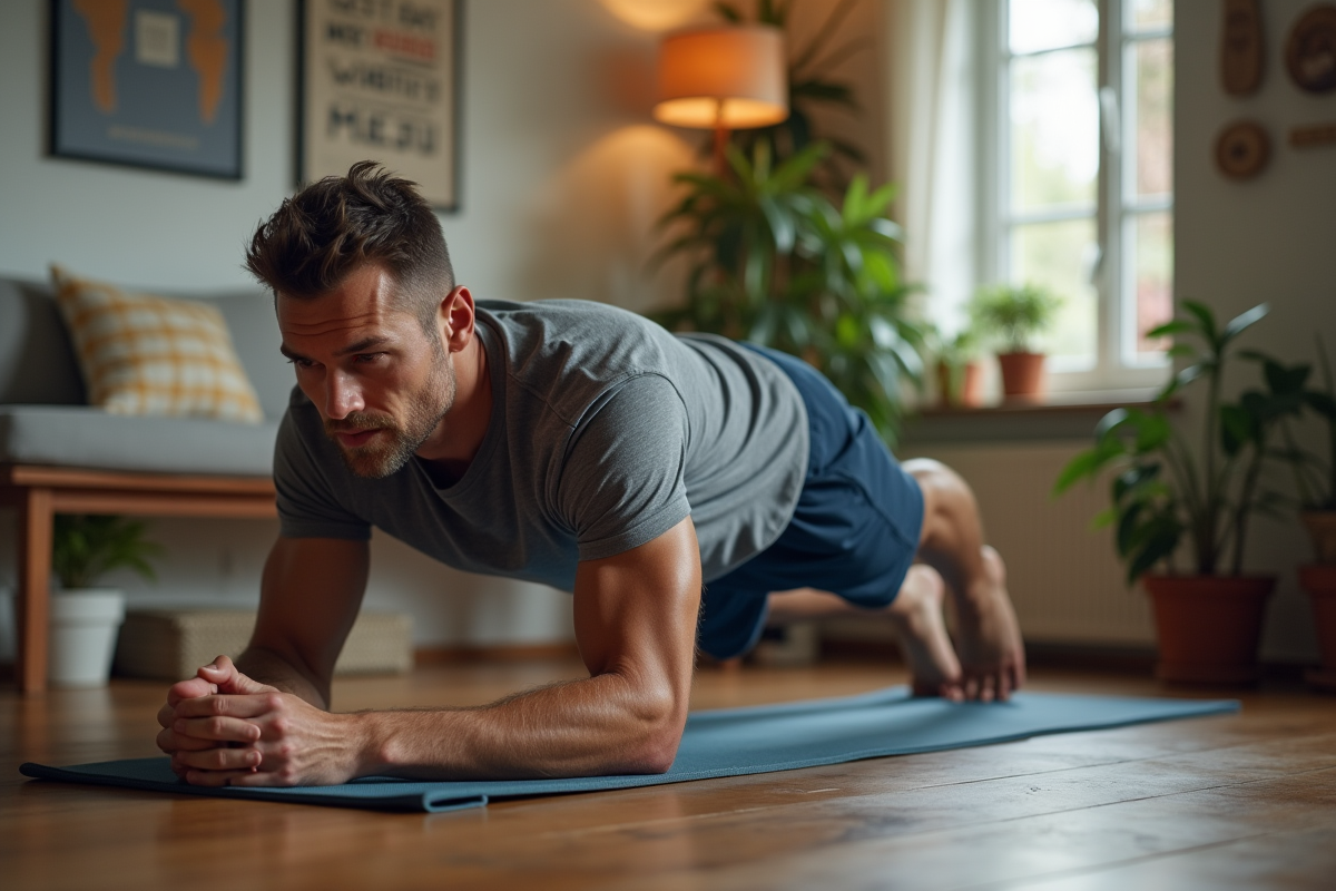 Homme en plank dans un coin de salle de sport à domicile
