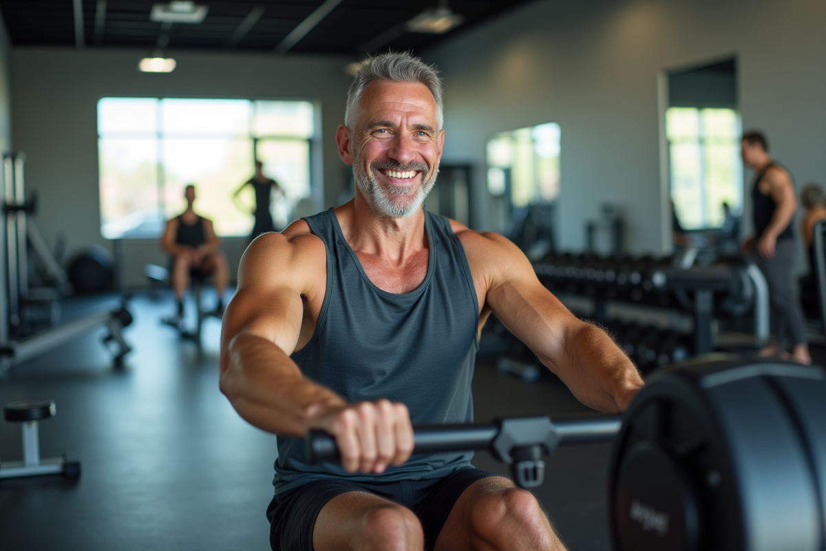 Homme en salle de sport faisant du rameur