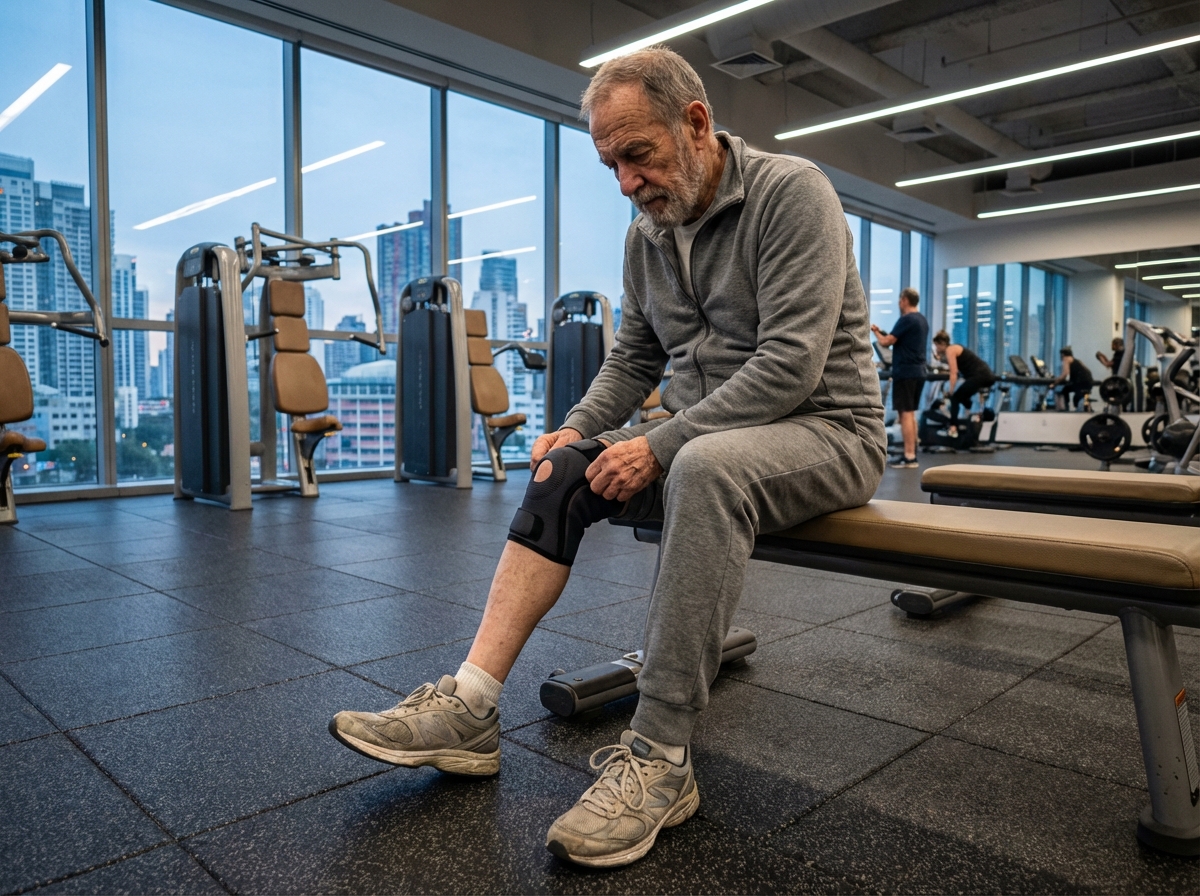 Homme âgé ajustant un genou en salle de sport moderne