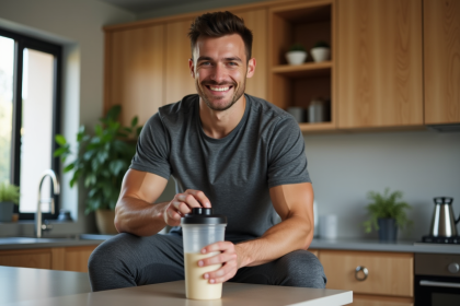 Jeune homme en tenue de sport préparant un shake dans une cuisine moderne
