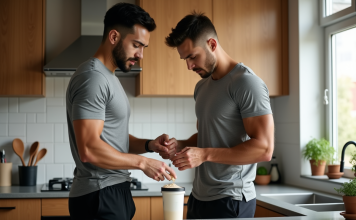 Protéine en poudre : pourquoi et comment consommer suffisamment pour tes muscles ? Jeune homme sportif préparant une protéine dans la cuisine