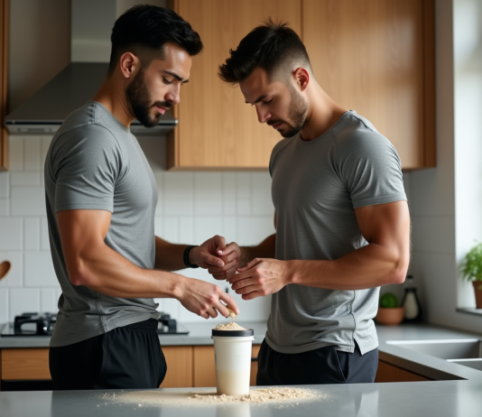 Protéine en poudre : pourquoi et comment consommer suffisamment pour tes muscles ? Jeune homme sportif préparant une protéine dans la cuisine