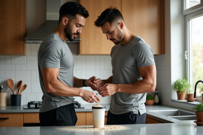 homme-sportif-shaker-proteine-cuisine Jeune homme sportif préparant une protéine dans la cuisine