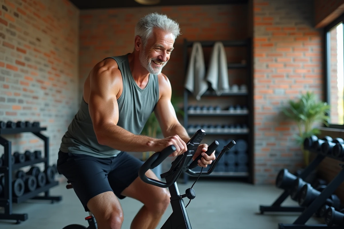 Homme senior faisant une pause sur un vélo d
