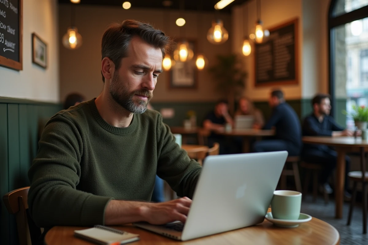 Homme travaillant sur une stratégie de contenu SEO avec un ordinateur portable dans un café urbain