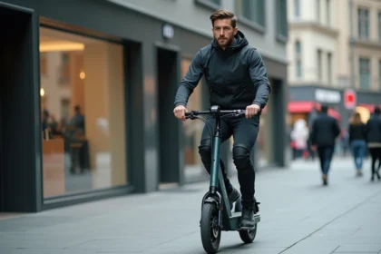 Homme chevauchant une trottinette Urban Glide 140 en milieu urbain pour améliorer confort et stabilité au quotidien
