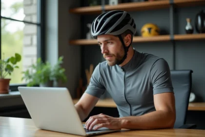 Homme en tenue de cyclisme examine une page produit sur son ordinateur