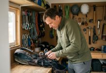 Comment entretenir sa sellette de parapente après chaque vol Homme vérifiant son harnais de parapente dans un garage organisé