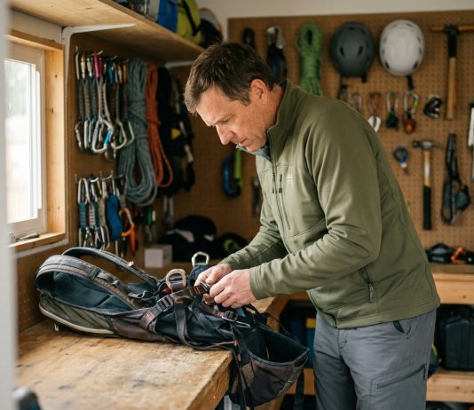 Comment entretenir sa sellette de parapente après chaque vol Homme vérifiant son harnais de parapente dans un garage organisé