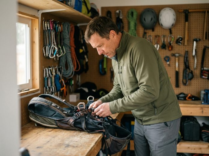 homme-verification-harnais-parapente Homme vérifiant son harnais de parapente dans un garage organisé