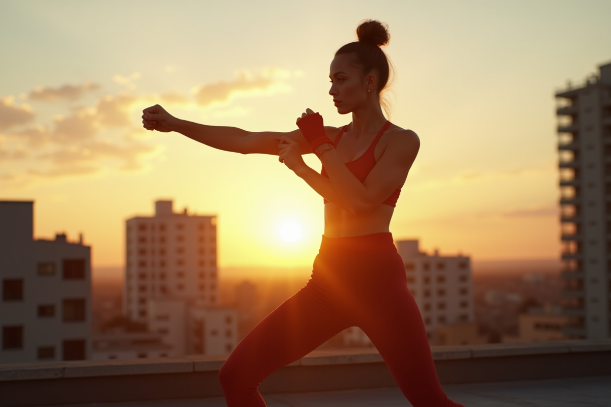 Ilia en silhouette prêt pour le combat au lever du soleil