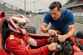 Instructeur de pilotage expliquant les commandes du cockpit à un pilote débutant en combinaison de course sur circuit F1