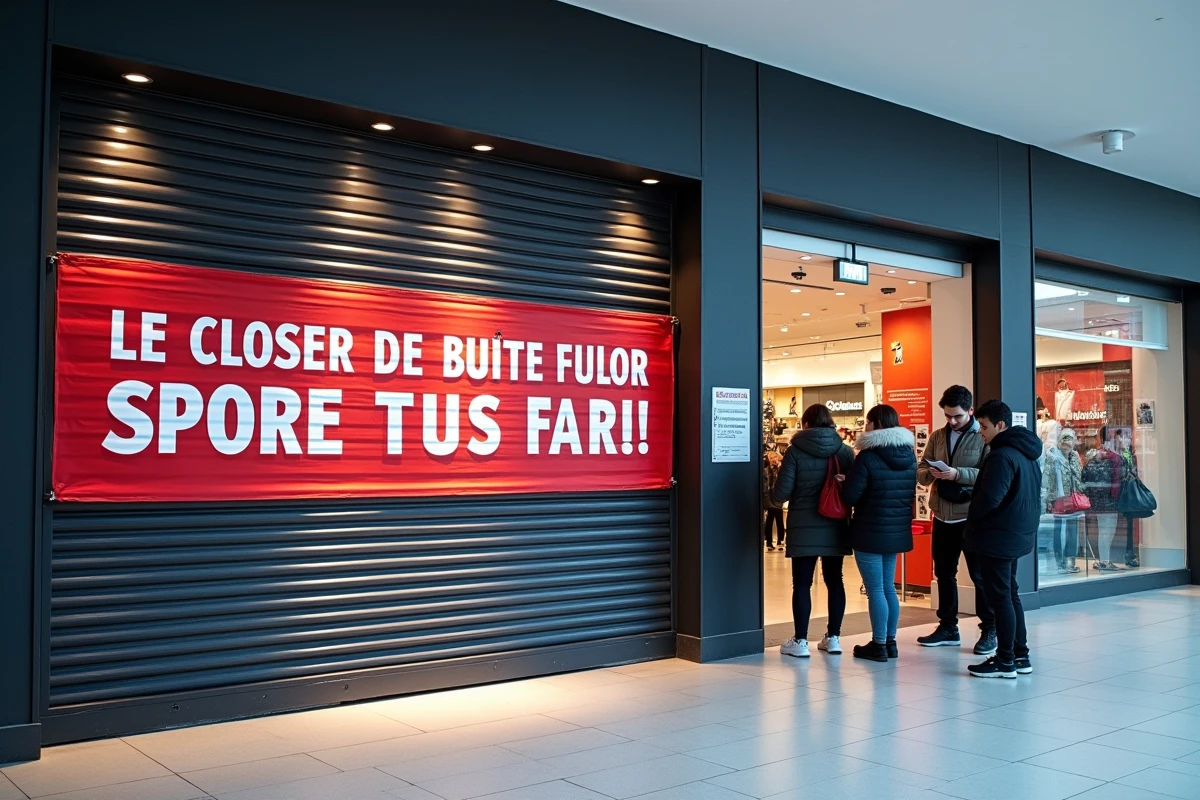 Façade d'un magasin de sport dans un centre commercial avec rideau de fer semi-baissé et affiche de fermeture définitive