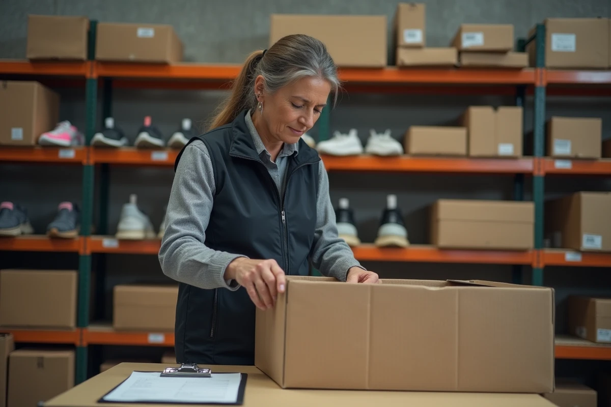Employée de magasin de sport emballant les derniers articles en stock lors de la fermeture définitive d'un point de vente Intersport