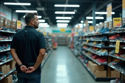 Intérieur d'un magasin Intersport en liquidation avec des rayons presque vides et des panneaux de soldes avant fermeture définitive