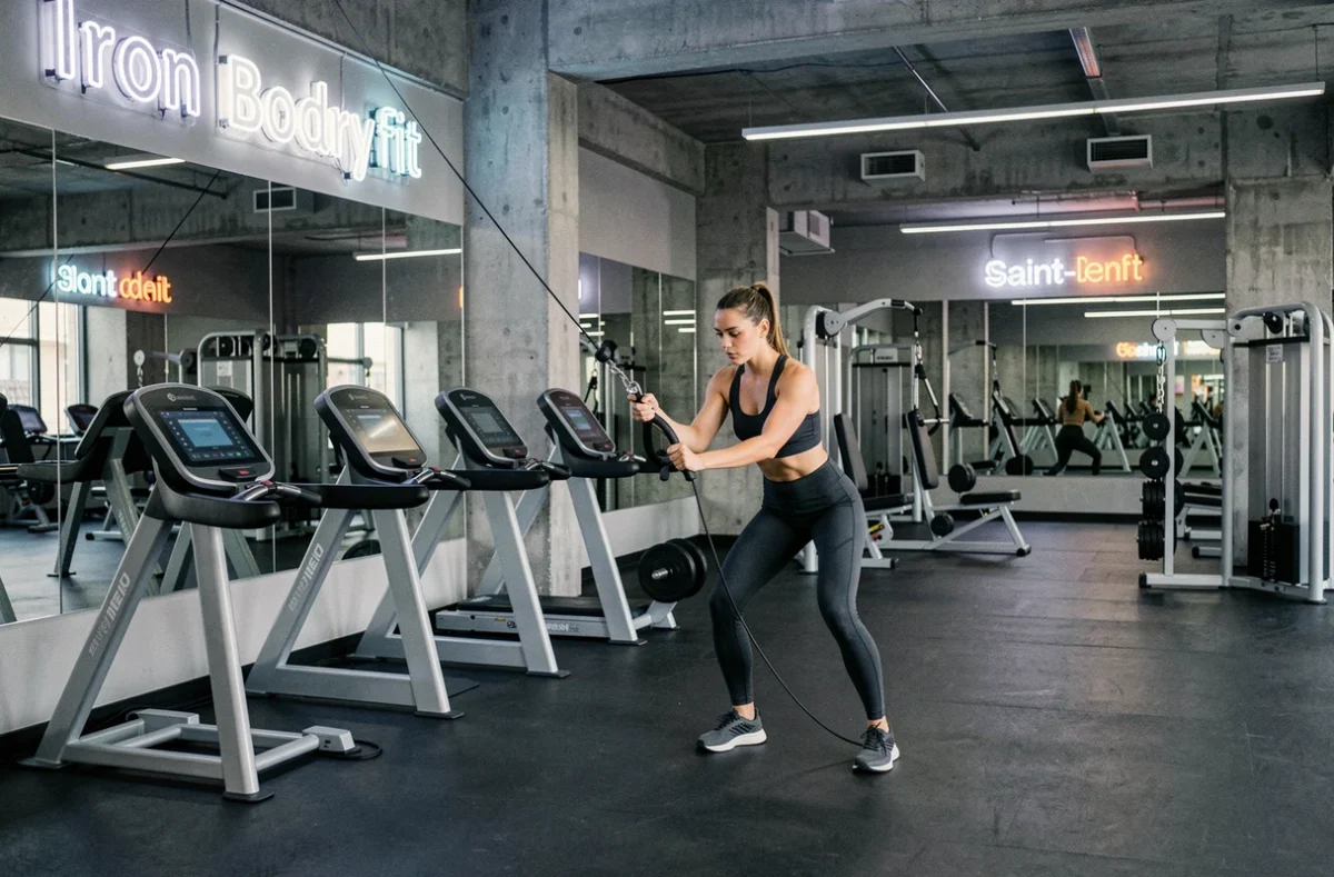 Intérieur de la salle Iron Bodyfit à Saint-Denis avec équipements de musculation modernes et membre en plein entraînement