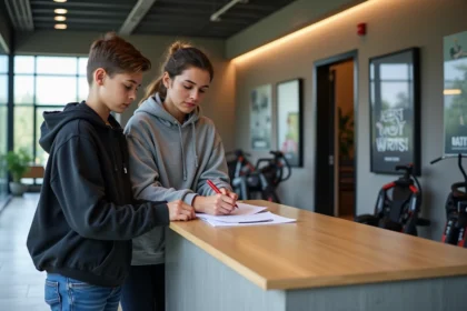 Adolescent et mère au gymnase lors de l'inscription