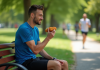 Poulet frit pour coureurs : effets et recommandations pour sportifs Jeune coureur en pause mangeant du poulet frit dans un parc