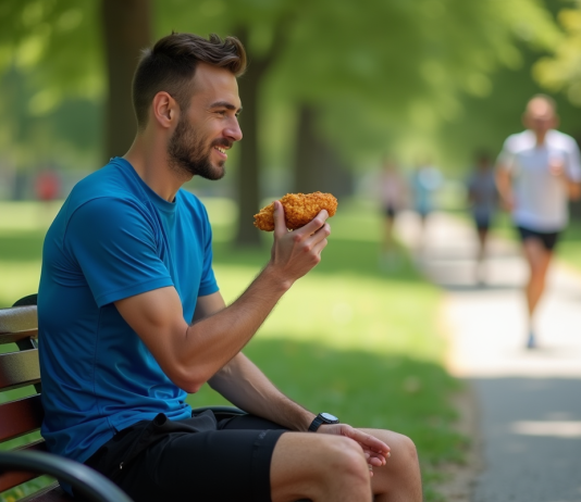 Poulet frit pour coureurs : effets et recommandations pour sportifs Jeune coureur en pause mangeant du poulet frit dans un parc