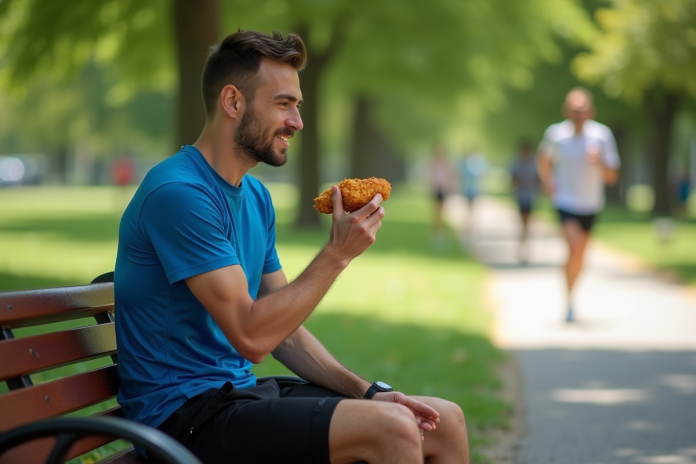 Jeune coureur en pause mangeant du poulet frit dans un parc