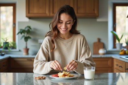 Jeune femme préparant une assiette de snacks sains dans une cuisine moderne