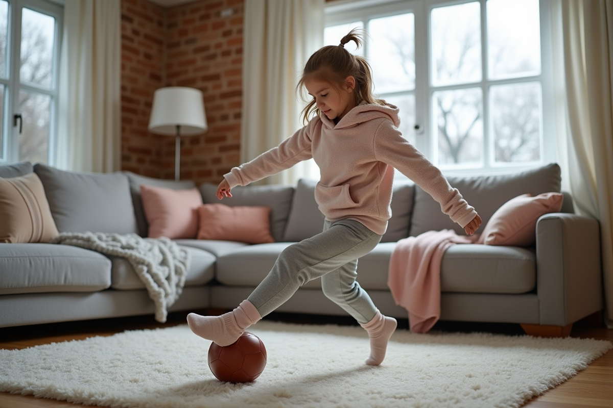 Fille adolescente donnant un coup de pied à un ballon dans le salon