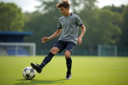Jeune footballeur en action sur le terrain avec ballon