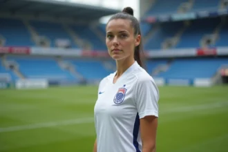 Jeune footballeuse française en maillot blanc et bleu sur un terrain de football professionnel, posture assurée et regard déterminé