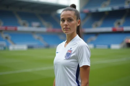 Jeune footballeuse française en maillot blanc et bleu sur un terrain de football professionnel, posture assurée et regard déterminé