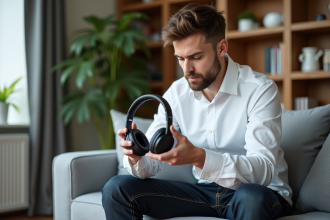 Jeune homme examine des écouteurs overear dans un salon moderne