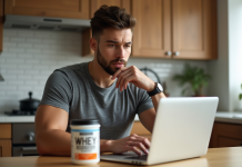 Effets secondaires de la whey : quels risques pour la santé ? Jeune homme en cuisine regardant l'étiquette de protéine