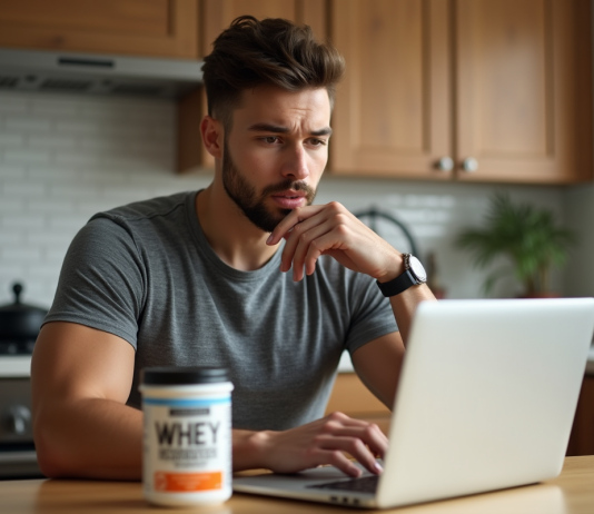 Effets secondaires de la whey : quels risques pour la santé ? Jeune homme en cuisine regardant l'étiquette de protéine