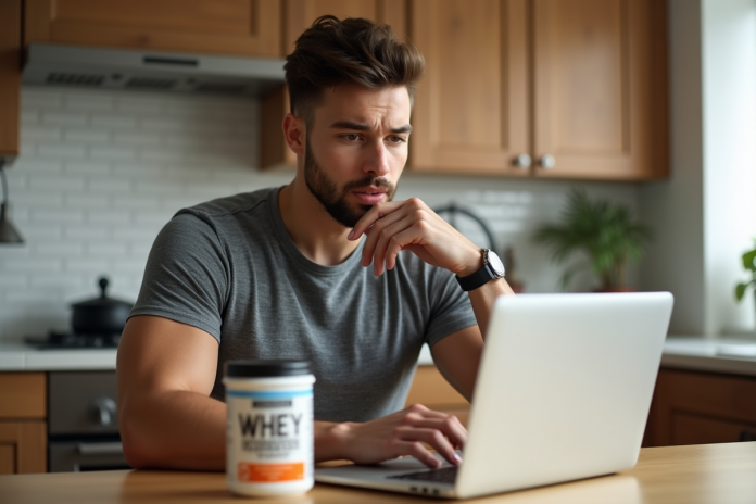 jeune-homme-nutrition-salle Jeune homme en cuisine regardant l'étiquette de protéine