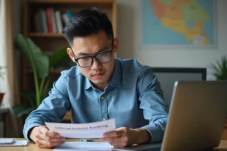 Jeune homme concentré regardant un classement district sur son ordinateur