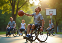 Jeune homme en fauteuil jouant au basketball en plein air