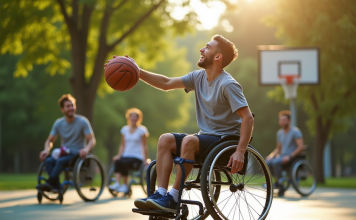 Jeune homme en fauteuil jouant au basketball en plein air
