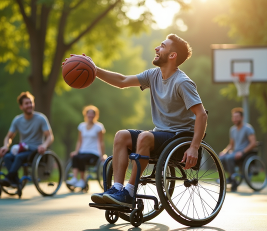 Jeune homme en fauteuil jouant au basketball en plein air