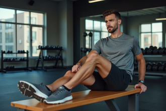 Jeune homme sportif en train de s'étirer dans une salle de sport moderne