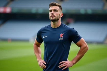 Jeune joueur de rugby professionnel français en tenue d'entraînement sur un terrain de rugby en herbe naturelle