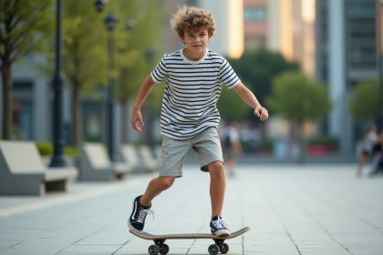 Jeune garçon en skate dans une place urbaine moderne