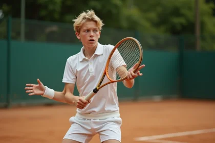 Jeune joueur de tennis blond en action sur terre battue
