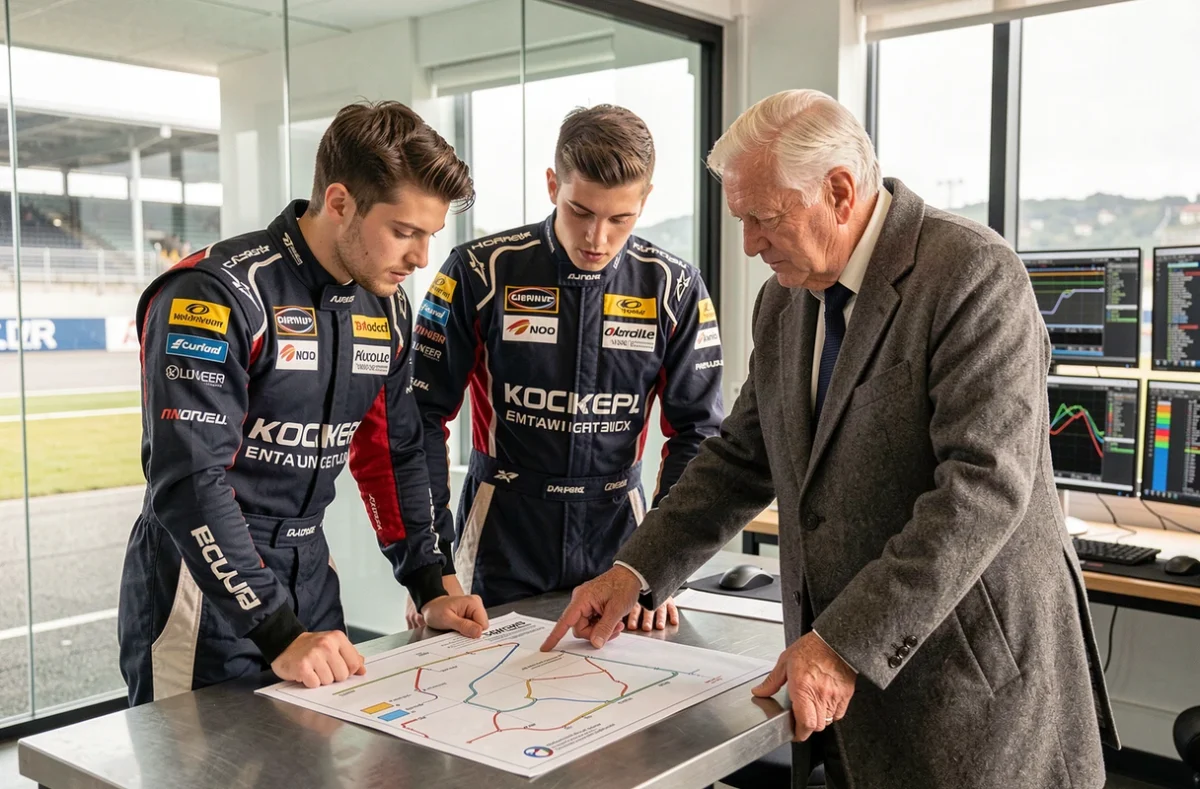 Jeunes pilotes de Formule 1 en combinaisons officielles réunis autour d'un mentor qui explique une stratégie de course sur un plan de circuit dans un bureau d'ingénierie moderne